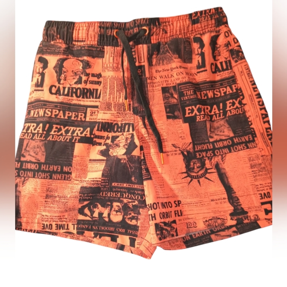 Surf Society Orange Newspaper Print Boys Swim Shorts EUC Size 10/12